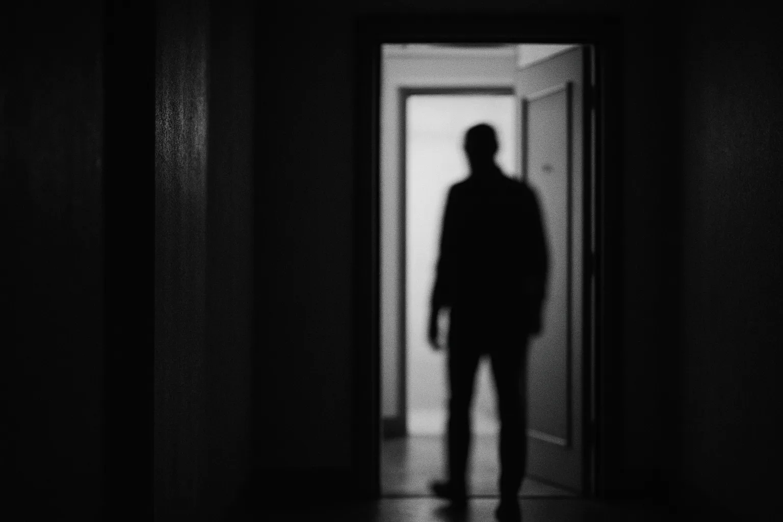 Silhouette floue d'une personne devant une porte, couloir sombre, noir et blanc
