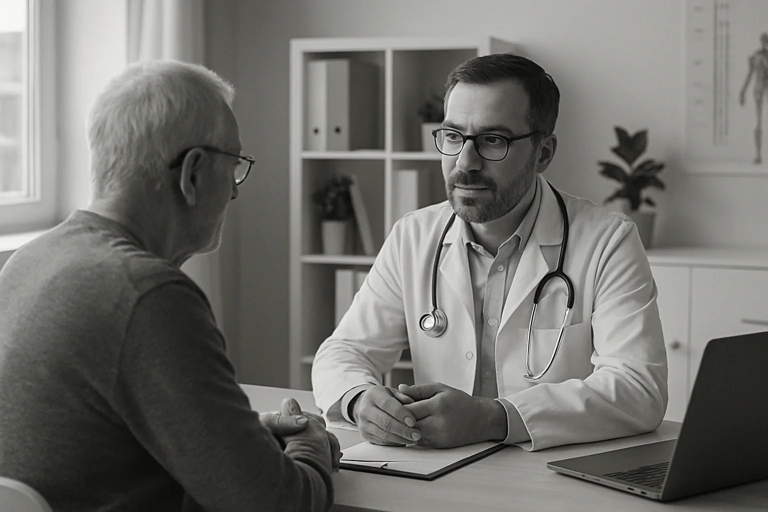 Médecin et patient discutant dans une salle de consultation bien éclairée.