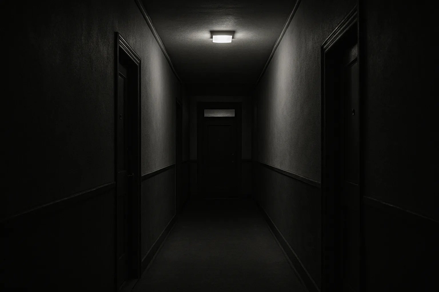 Couloir d'immeuble sombre et étroit, éclairage tamisé, symbolisant l'isolement