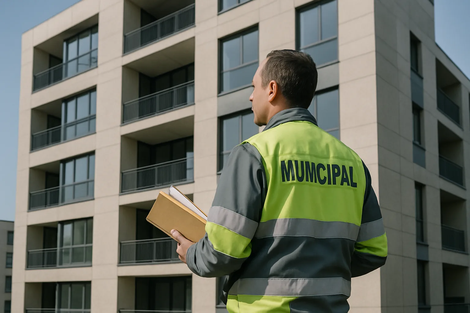 Façade d'immeuble moderne avec employé municipal tenant des dossiers.