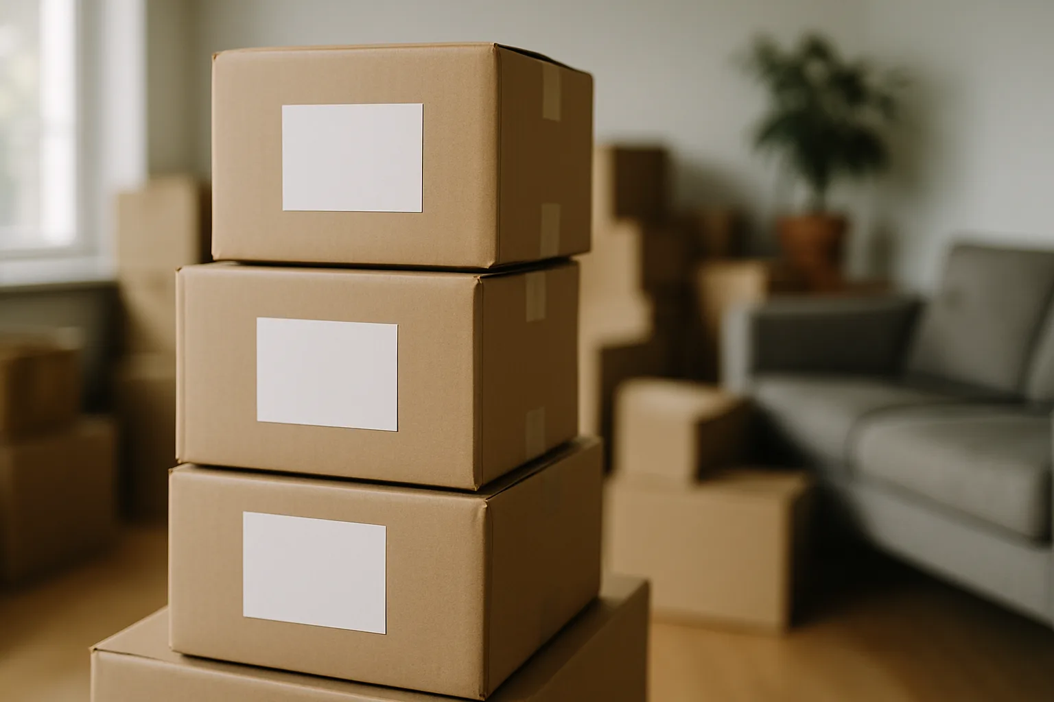Boîtes en carton empilées avec des étiquettes dans un salon encombré