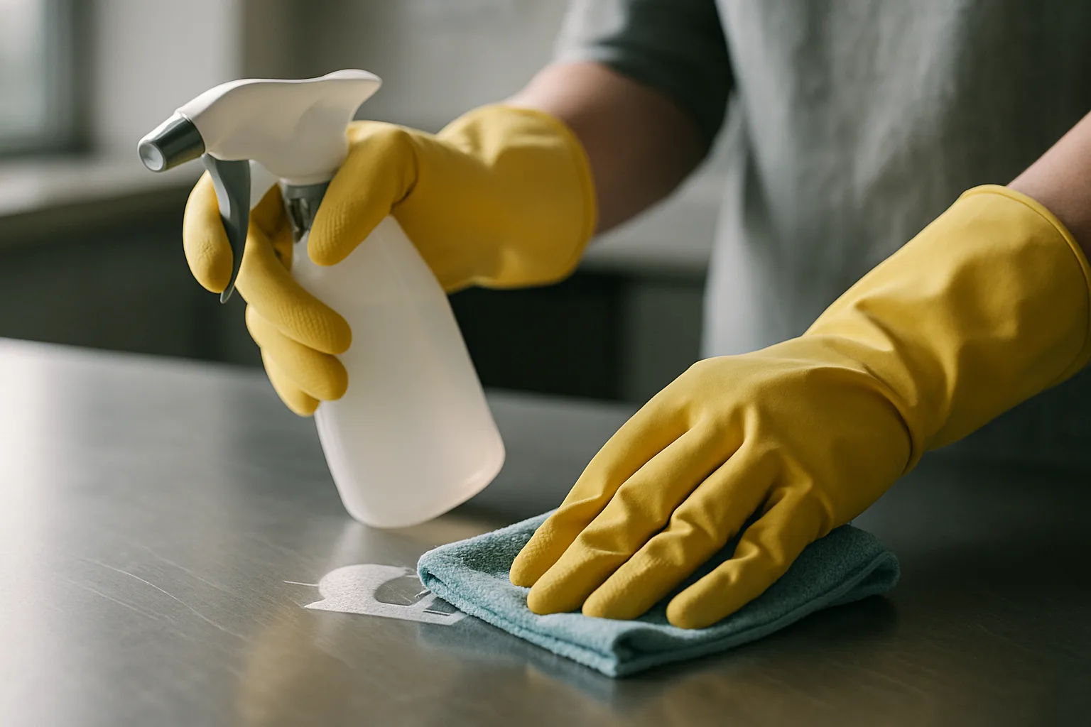 Mains gantées manipulant des produits de nettoyage sur une surface métallique