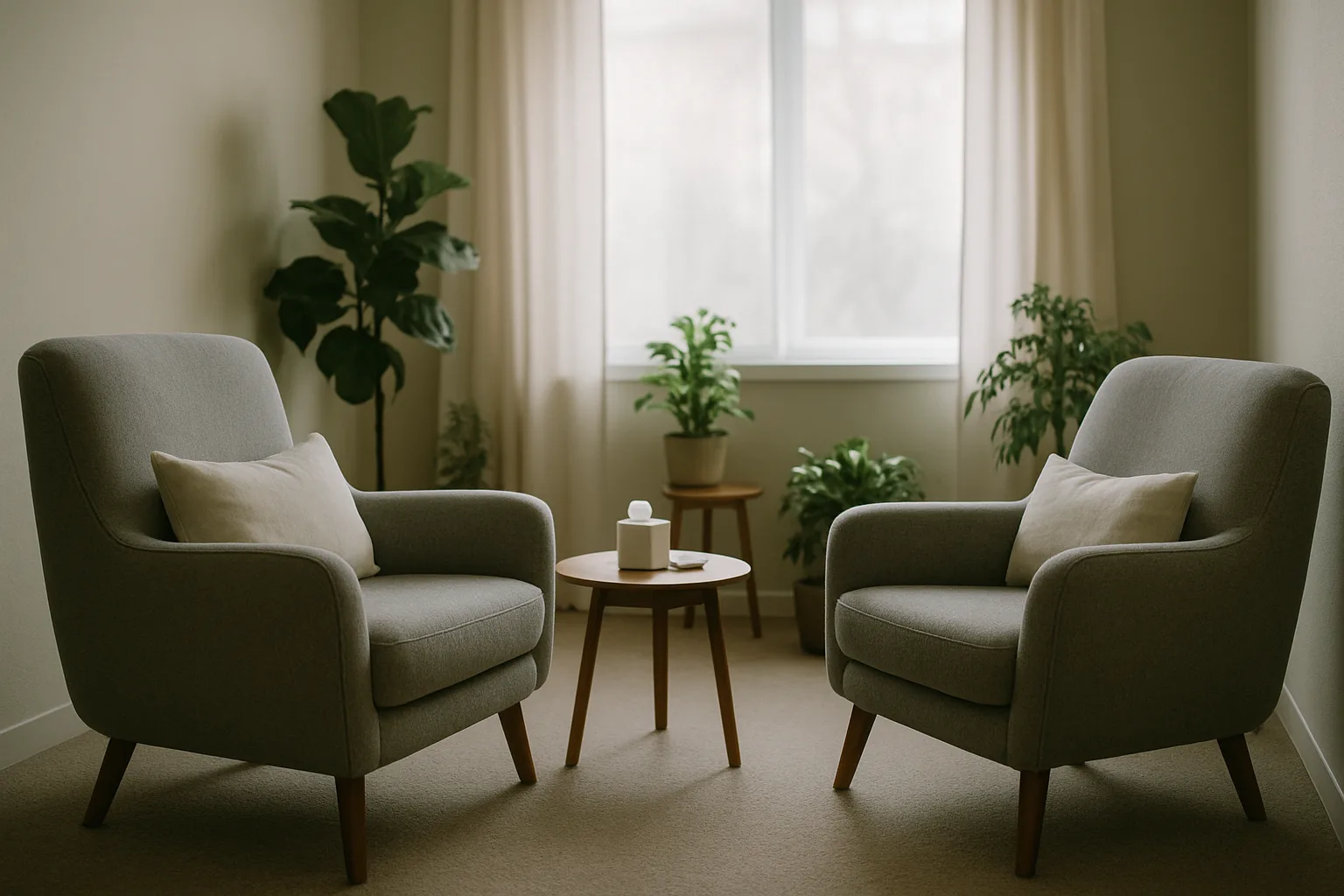 Salle de thérapie avec fauteuils confortables, plantes et lumière douce