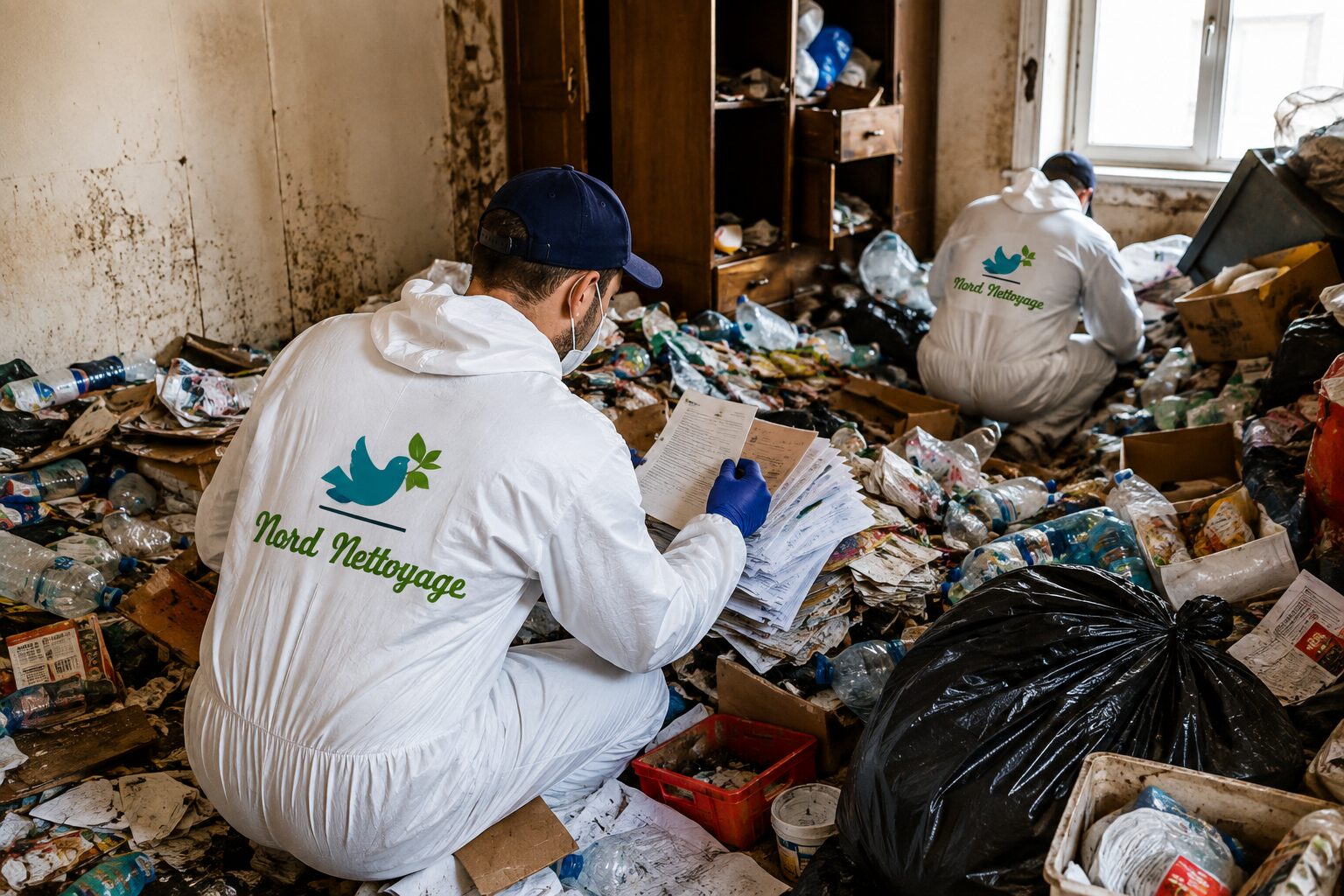 Équipe spécialisée triant les objets et déchets dans un logement atteint du syndrome de Diogène