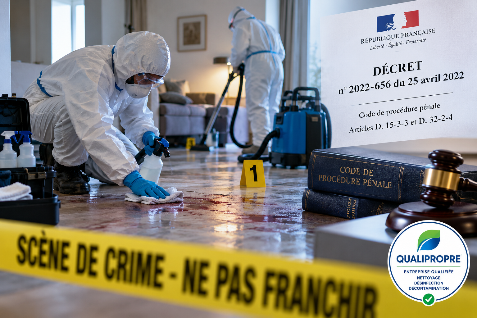Entreprise spécialisée QUALIPROPRE intervenant pour le nettoyage et la décontamination d’une scène de crime selon le décret n° 2022-656 du 25 avril 2022.