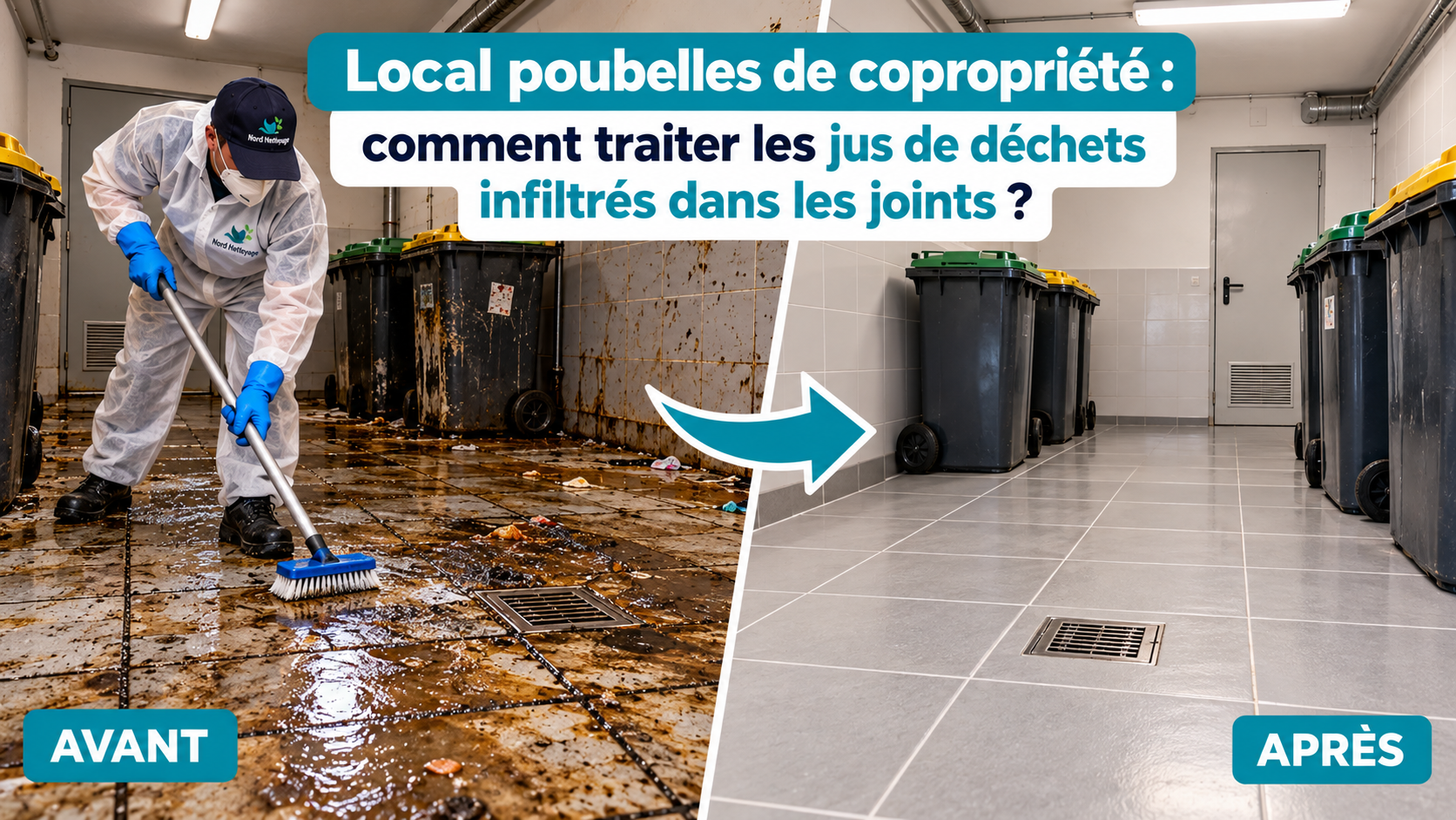 Nettoyage des joints de carrelage d'un local poubelles de copropriété souillés par des jus de déchets, illustration avant et après intervention.