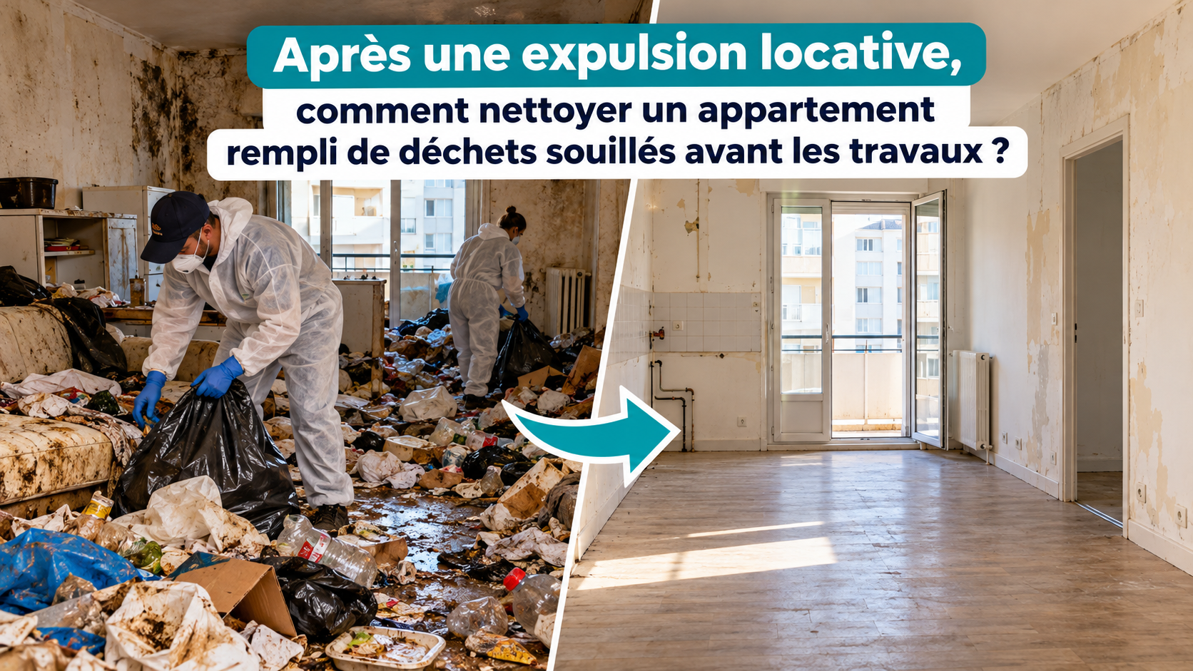 Nettoyage après expulsion locative d'un appartement rempli de déchets souillés avant travaux de rénovation.