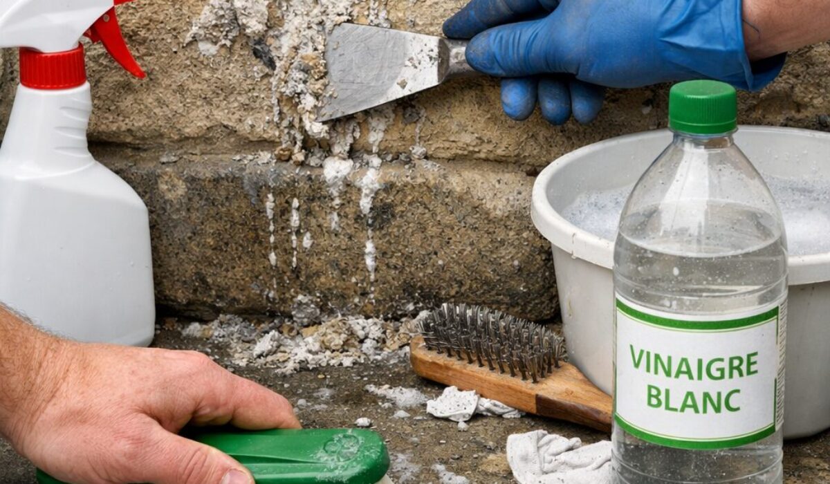Nettoyage de fientes sèches incrustées sur un mur en pierre avec brosse, pulvérisateur et outils adaptés