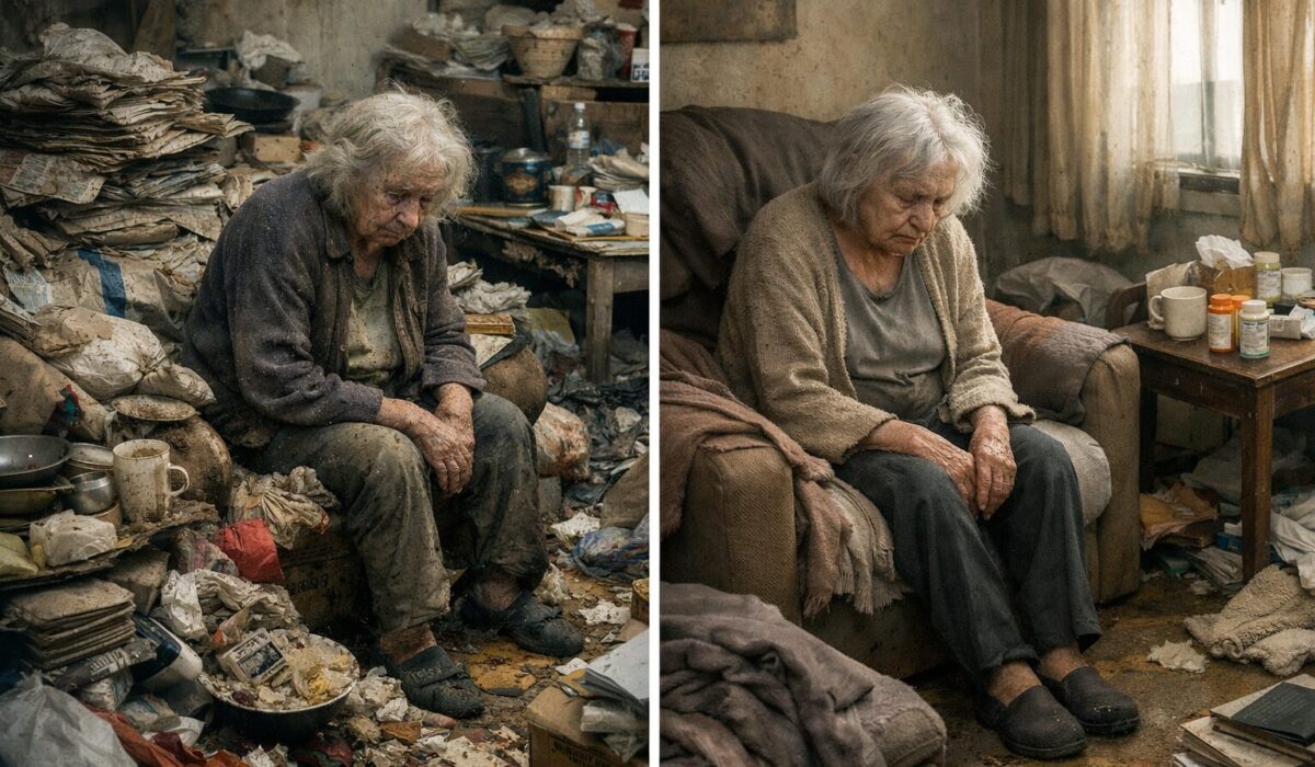 Illustration réaliste d’une personne âgée vivant seule dans un intérieur dégradé, montrant la différence entre syndrome de Diogène et incurie liée à une dépression sévère