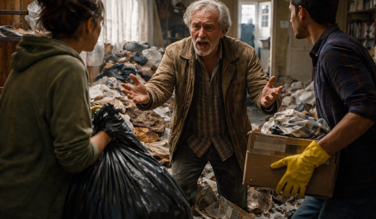 Patient atteint du syndrome de Diogène en détresse face à sa famille qui tente un nettoyage brutal de son logement encombr