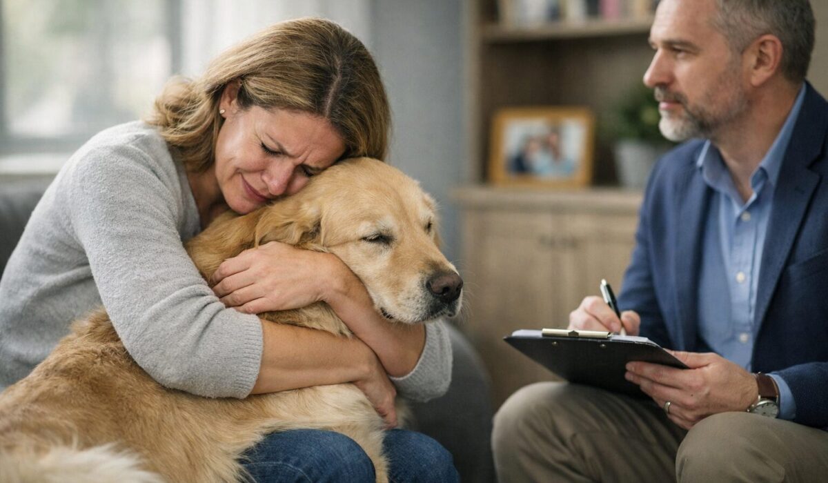 Patiente en séance de thérapie serrant son chien contre elle pour illustrer l’attachement fusionnel aux animaux et la compensation d’un vide relationnel