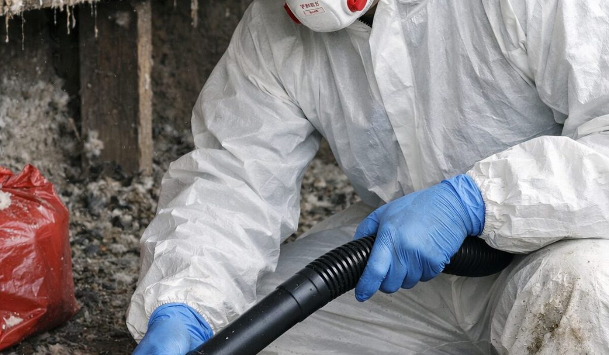 Professionnel équipé d’un masque FFP3, d’une combinaison de protection, de lunettes et de gants pour nettoyer des fientes de pigeons