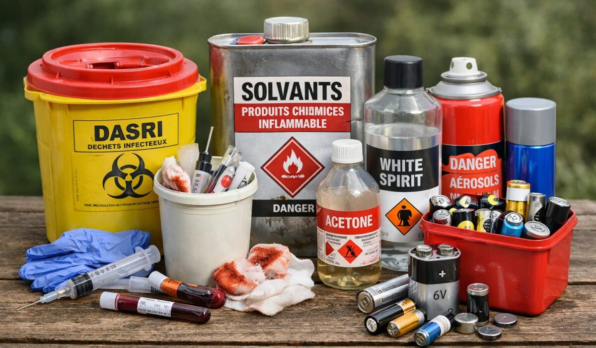Déchets nécessitant une filière spécifique : DASRI, solvants, aérosols et piles triés pour une collecte adaptée