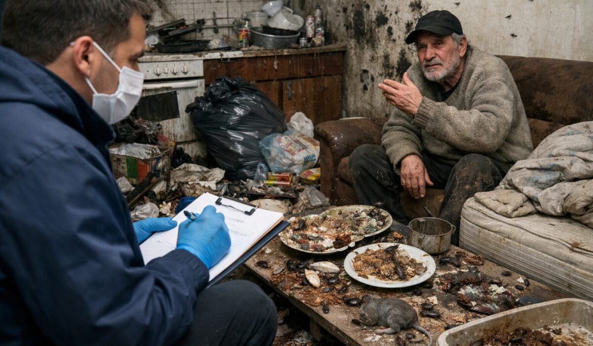 Professionnel de santé évaluant un logement insalubre avec moisissures, déchets, insectes et rongeurs chez un patient qui minimise le danger