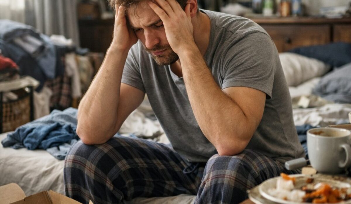 Patient assis dans une chambre en désordre, visiblement dépassé par l’accumulation et l’impossibilité de ranger malgré son intention de le faire