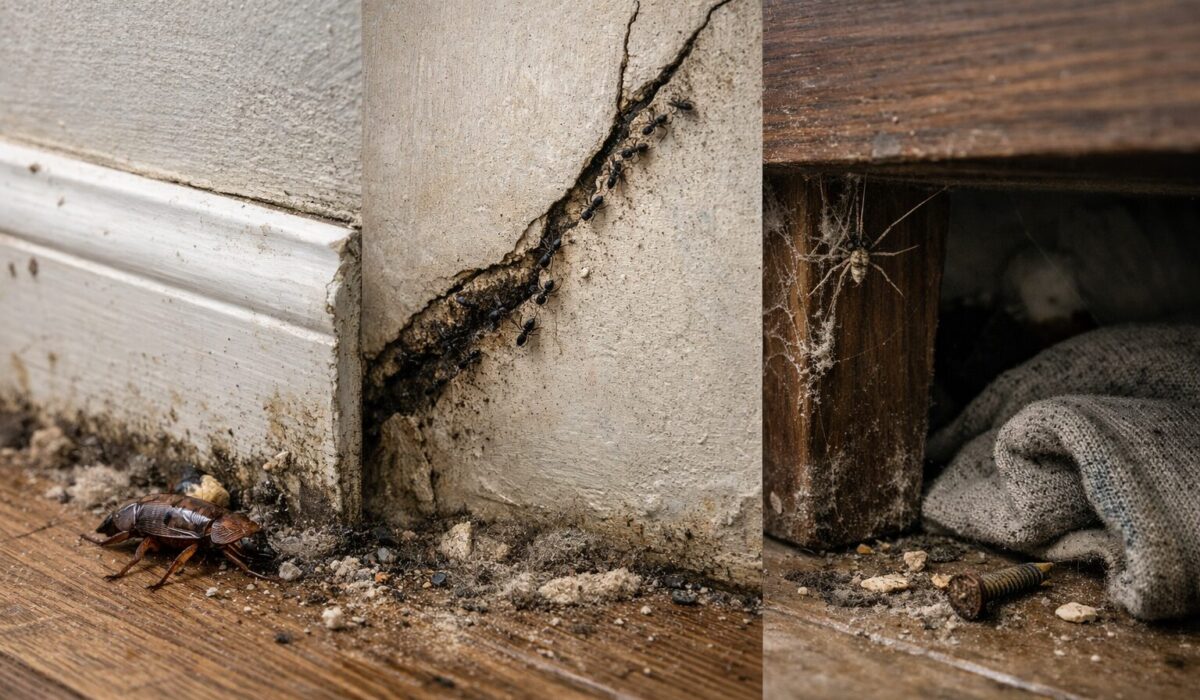 Vue réaliste de zones oubliées souvent contaminées dans une habitation : plinthe sale, fissure murale et dessous de meuble avec poussière et saletés accumulées