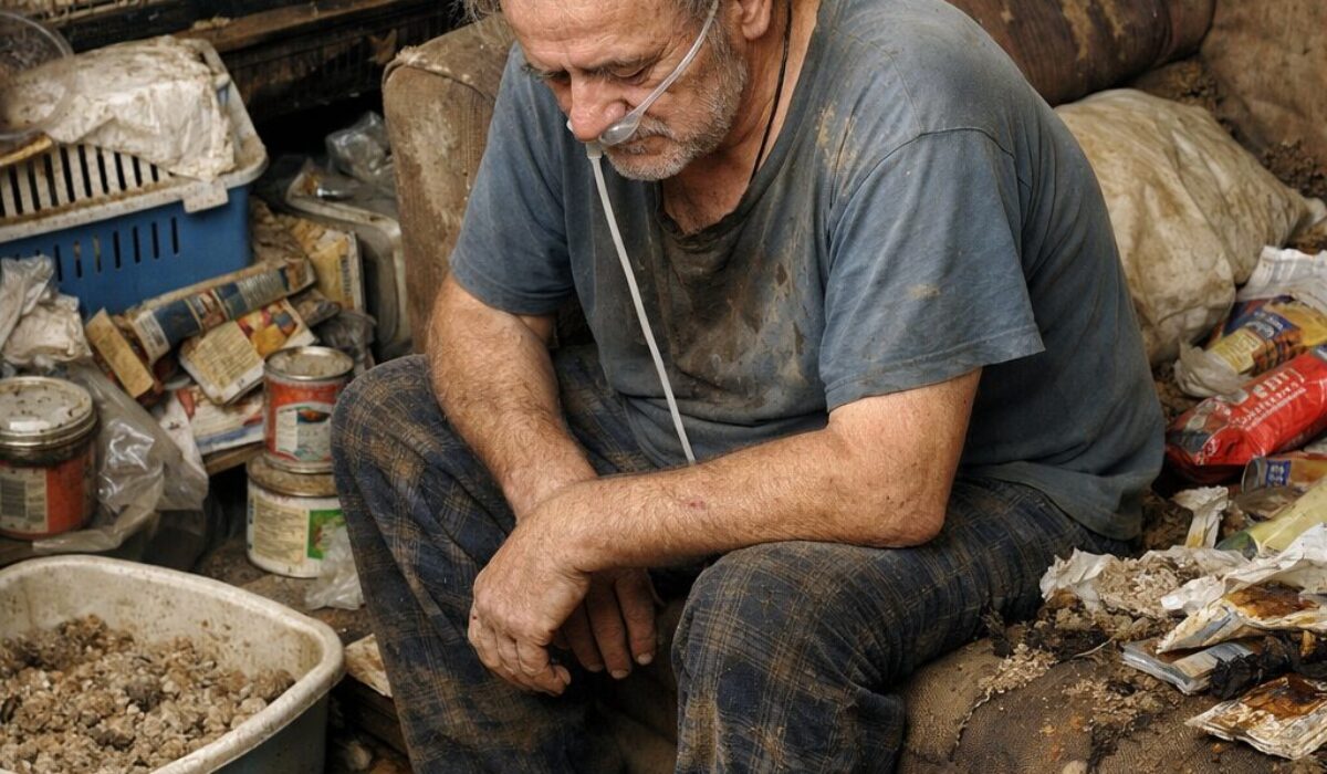 Patient assis dans un logement insalubre encombré de cages, litières souillées, sacs de nourriture et déchets, illustrant l’impact sanitaire d’un environnement saturé.