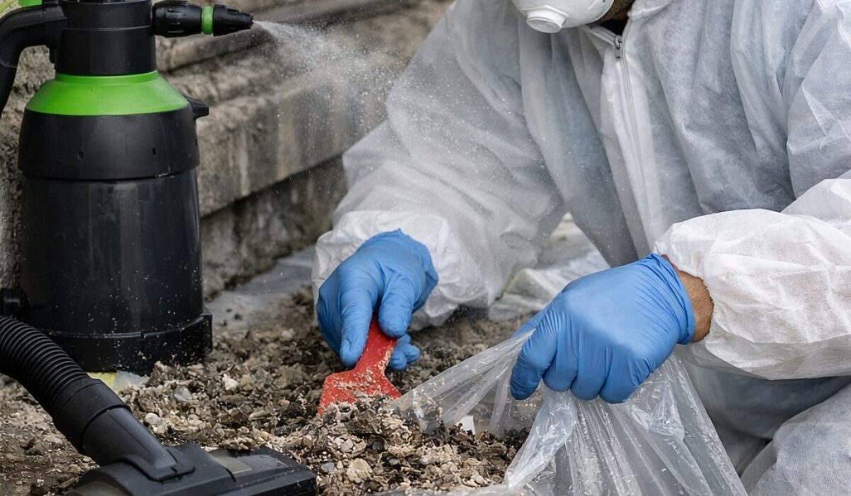 Nettoyage humide de fientes de pigeons par un professionnel équipé d’une combinaison, d’un masque et de gants pour éviter la remise en suspension des poussières contaminées