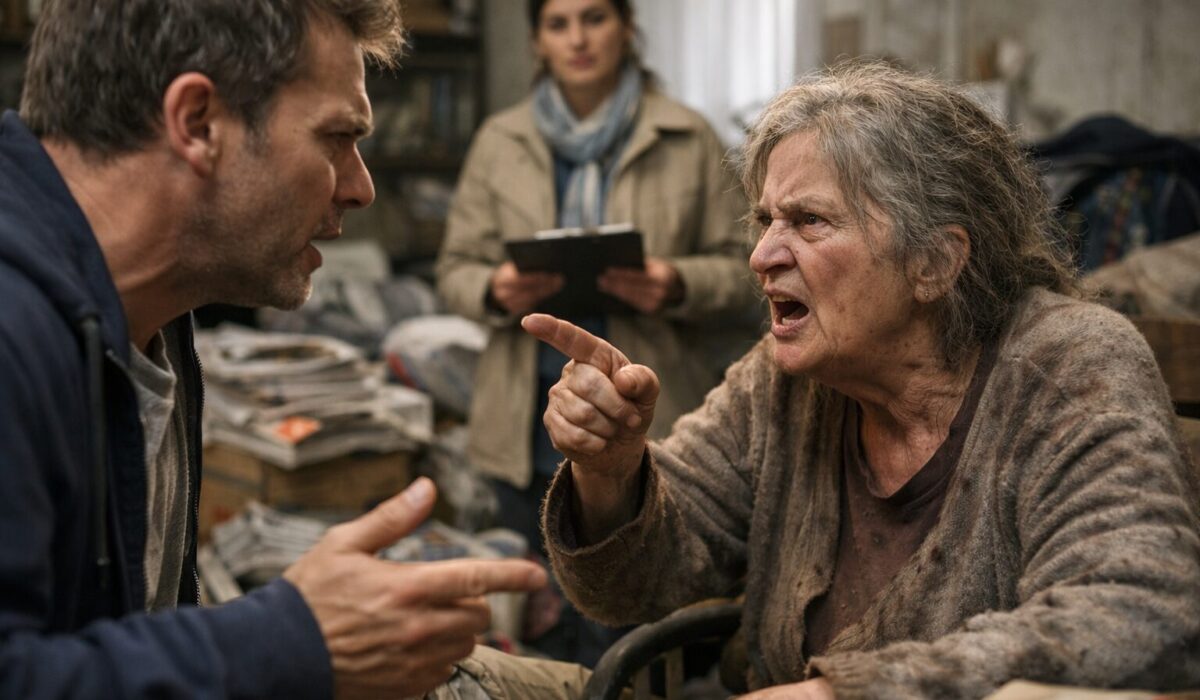 Patiente atteinte du syndrome de Diogène en conflit avec son fils devant un intervenant extérieur non jugeant dans un logement encombré