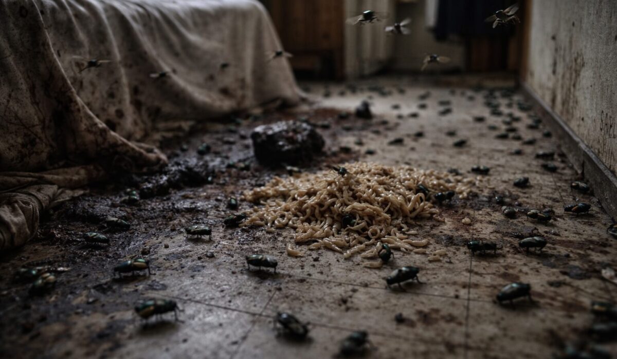 Mouches et asticots dans un logement fermé après un décès, illustration réaliste d’une infestation nécrophage en intérieur