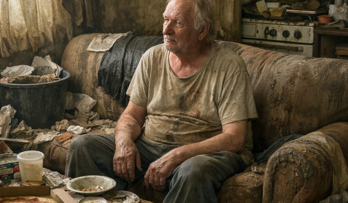 Patient âgé assis dans un logement insalubre marqué par des odeurs d’urine, de renfermé et de dégradation