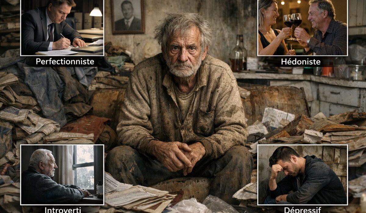 Illustration réaliste du syndrome de Diogène sévère montrant une personne âgée dans un logement très encombré, en lien avec les profils de personnalité antérieurs fréquemment observés