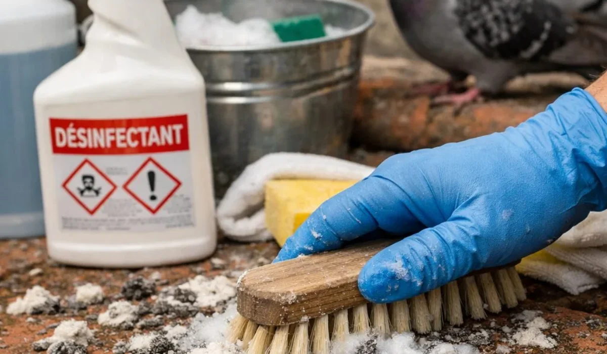 Comment désinfecter efficacement après fientes de pigeons sur surfaces poreuses ?