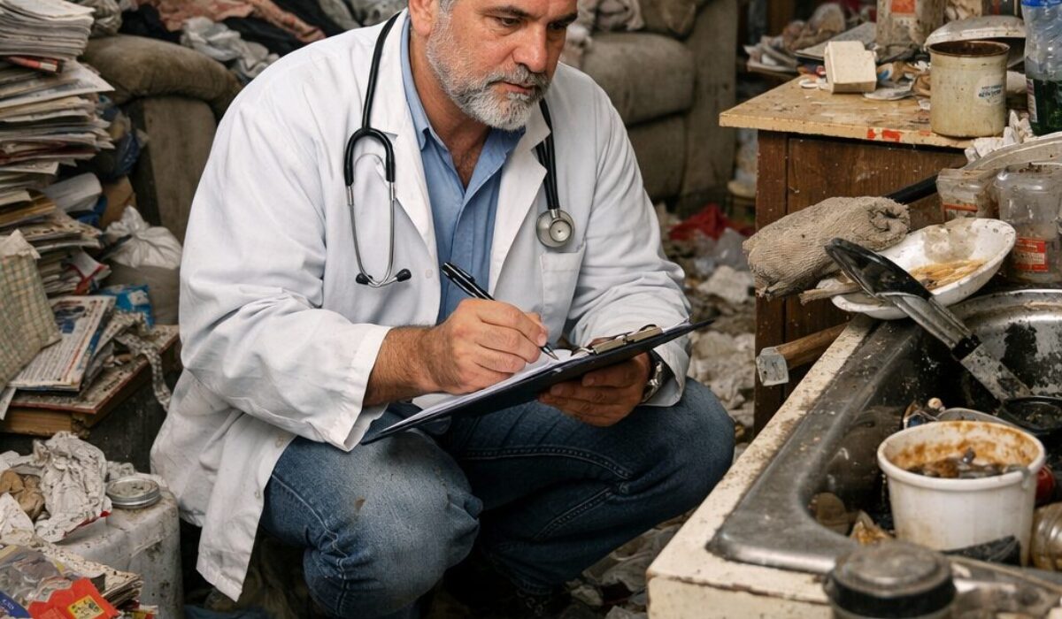 Médecin traitant observant un domicile très encombré pouvant évoquer un syndrome de Diogène