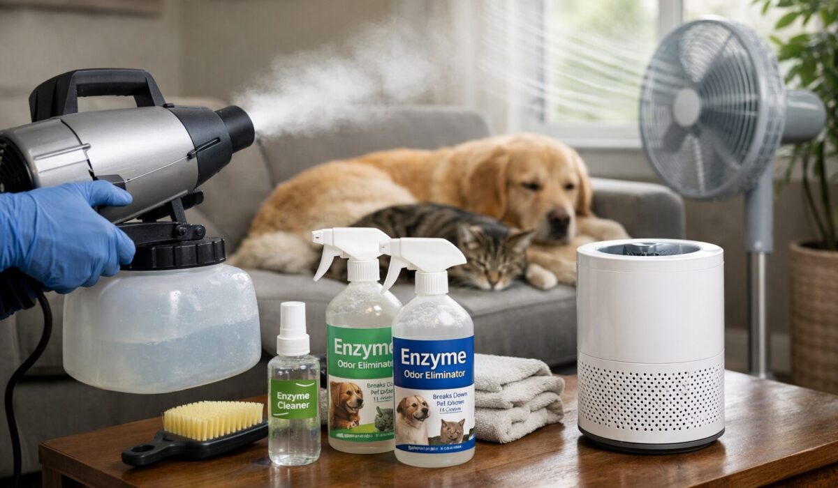 Neutralisation des odeurs animales dans un salon avec nettoyage enzymatique, nébulisation professionnelle et ventilation naturelle