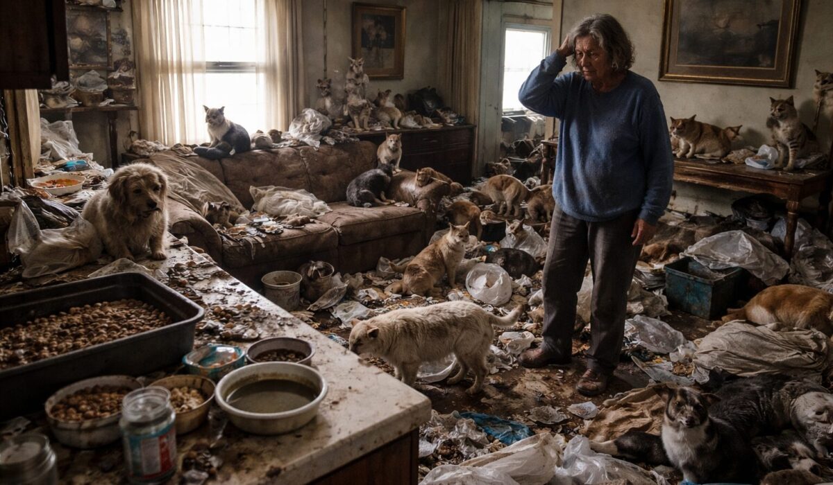 Patiente dans un logement insalubre envahi par de nombreux animaux, illustrant la perte de repères sur leur nombre réel et leur état de santé.
