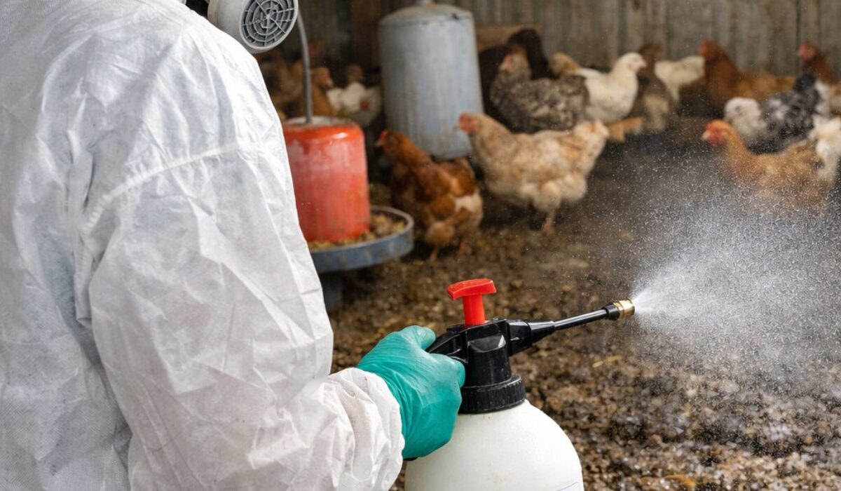 Traitement de l’odeur d’ammoniac causée par des fientes dans un local fermé avec nettoyage, désinfection et ventilation
