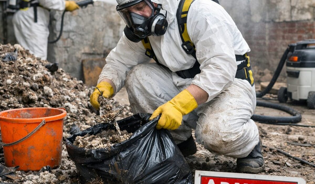 Technicien en tenue de protection nettoyant, désinfectant et évacuant des fientes de pigeons dans un espace fortement souillé