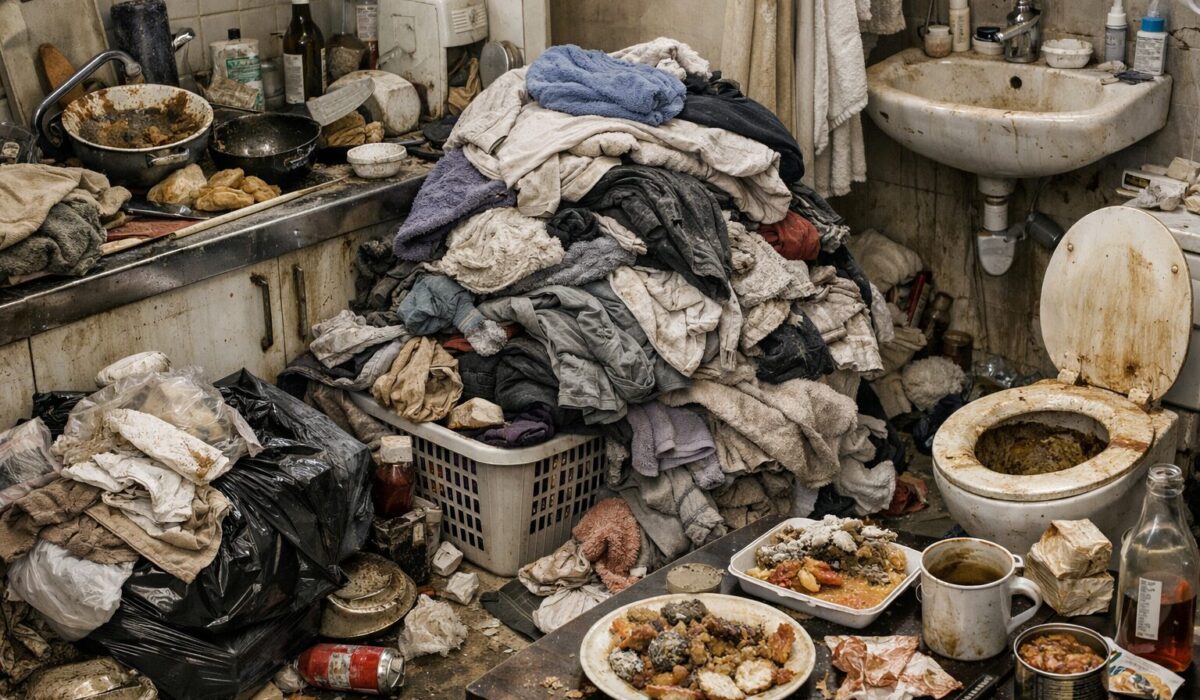 Accumulation de linge sale, salle de bain dégradée et repas insalubres illustrant une aggravation du syndrome de Diogène