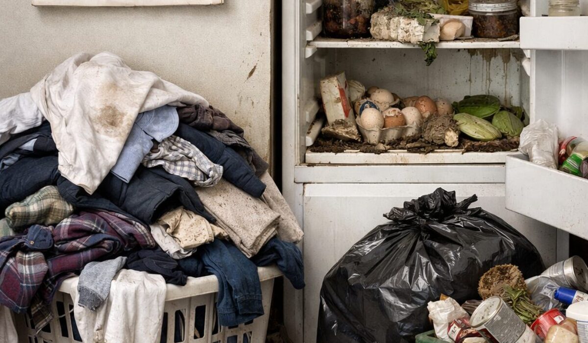 Patient en situation de désorganisation temporelle avec linge accumulé, réfrigérateur négligé et poubelles non sorties dans un logement encombré.