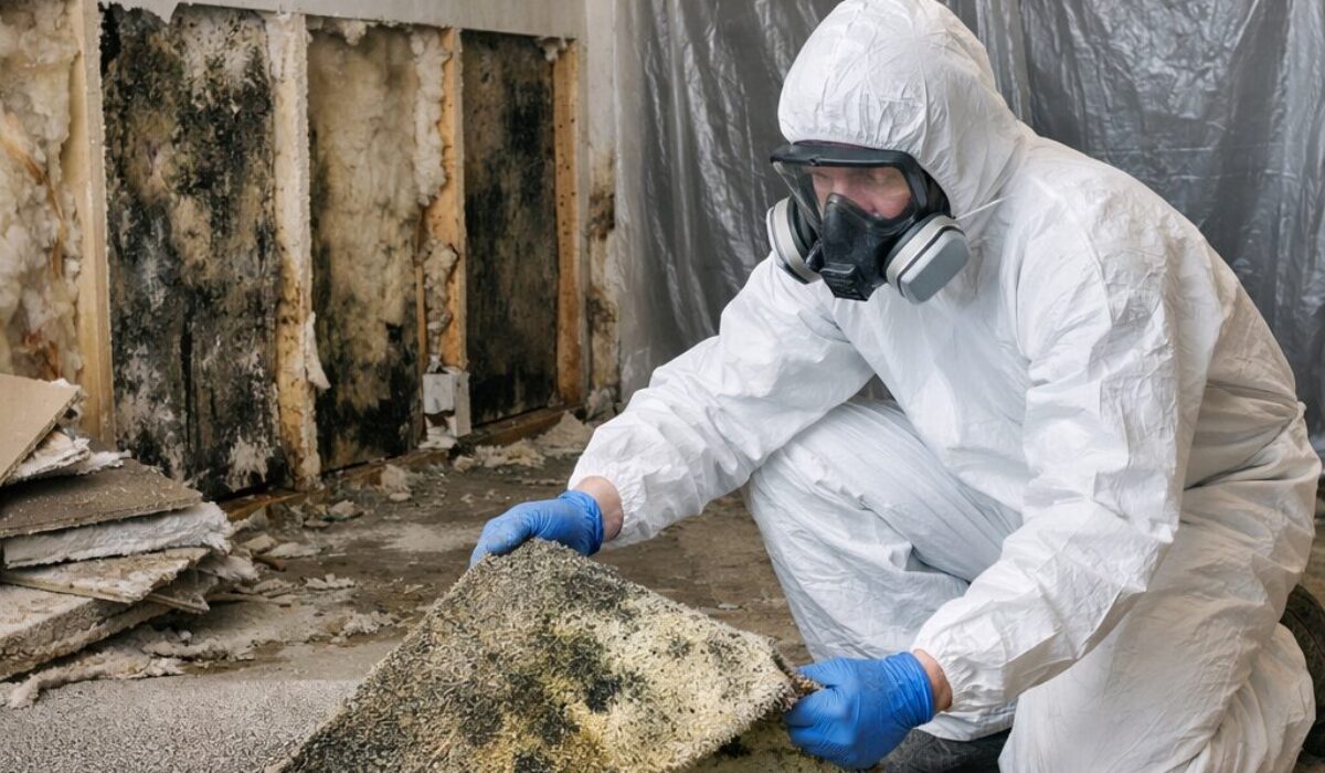 Retrait d’une moquette contaminée avec sous-couche et placo dégradés par l’humidité et les moisissures