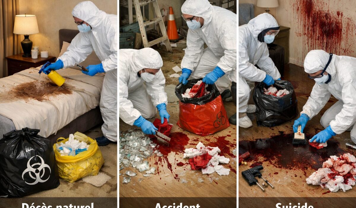 Différences de protocole entre décès naturel, accident et suicide pour le nettoyage des surfaces et la gestion des déchets