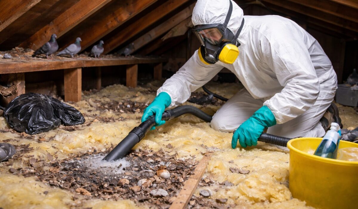 Technicien nettoyant des combles isolés contaminés par des pigeons sans détériorer l’isolation