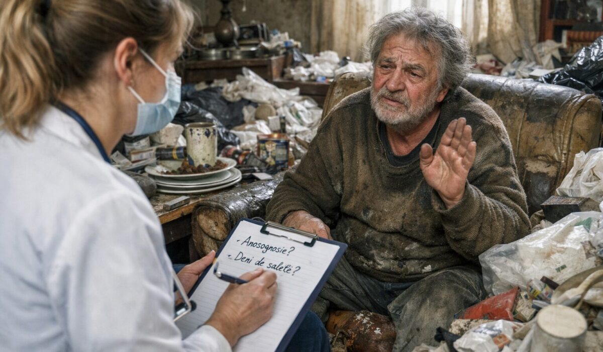 Professionnelle de santé évaluant un patient atteint du syndrome de Diogène dans un logement insalubre afin de distinguer une anosognosie partielle d’un refus conscient