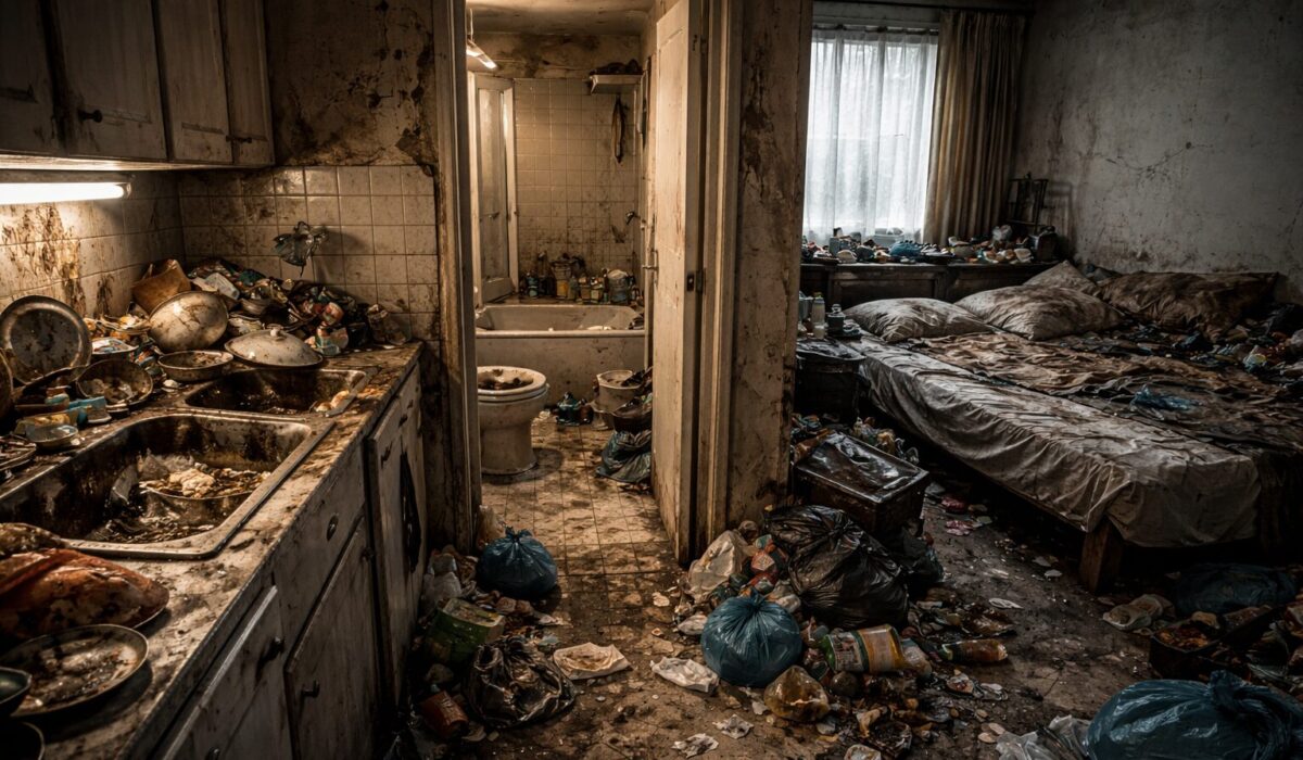 Logement insalubre illustrant les signes fonctionnels du syndrome de Diogène avec cuisine inutilisée, salle de bain dégradée et lit non employé normalement