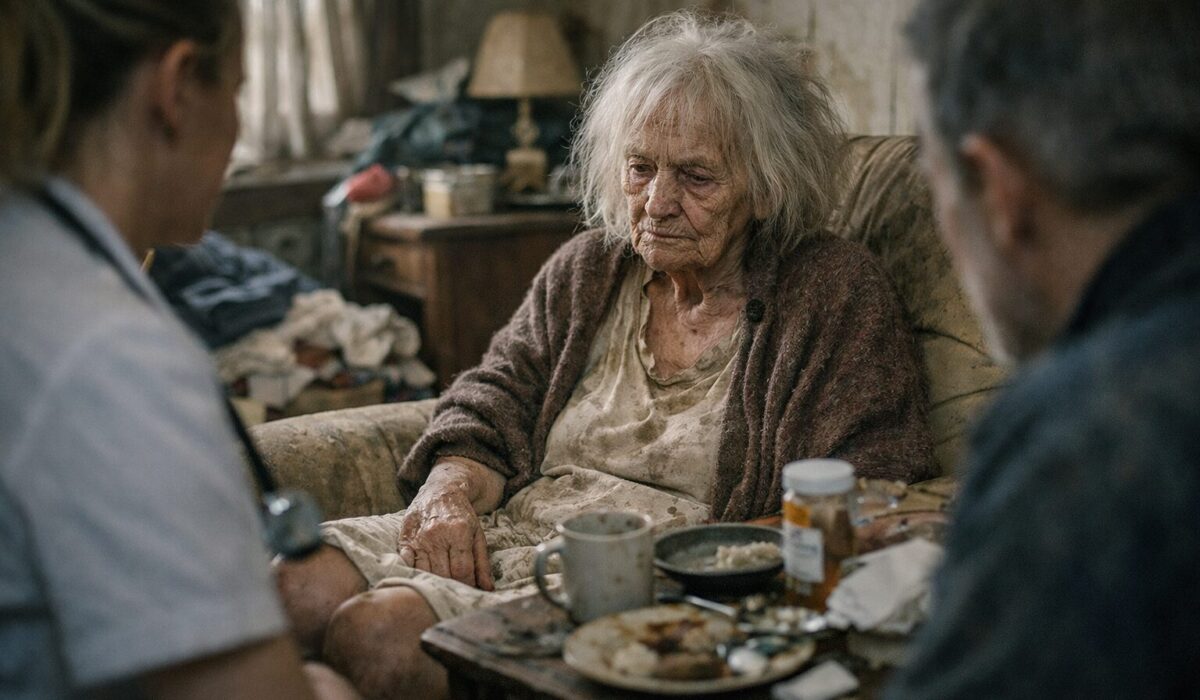 Personne âgée fragile assise dans un logement dégradé, observée par des professionnels, illustrant la distinction entre négligence liée à l’épuisement physique et incurie d’origine psychopathologique