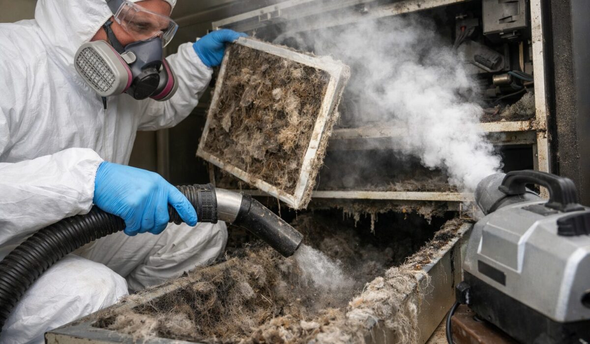 Technicien en combinaison nettoyant une ventilation saturée d’odeurs et de particules animales avec filtre encrassé