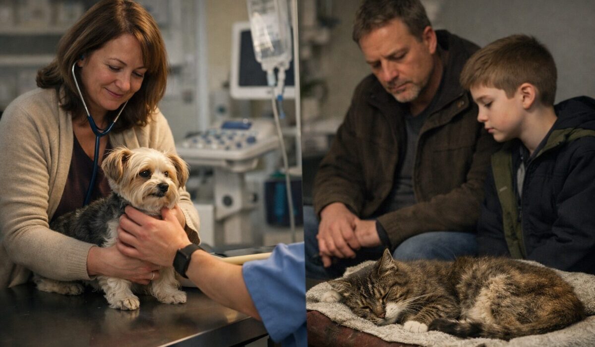 Dans une clinique vétérinaire, un chien reçoit une attention médicale prioritaire tandis qu’un chat visiblement souffrant reste en retrait, illustrant l’inégalité de prise en charge entre animaux d’un même foyer.