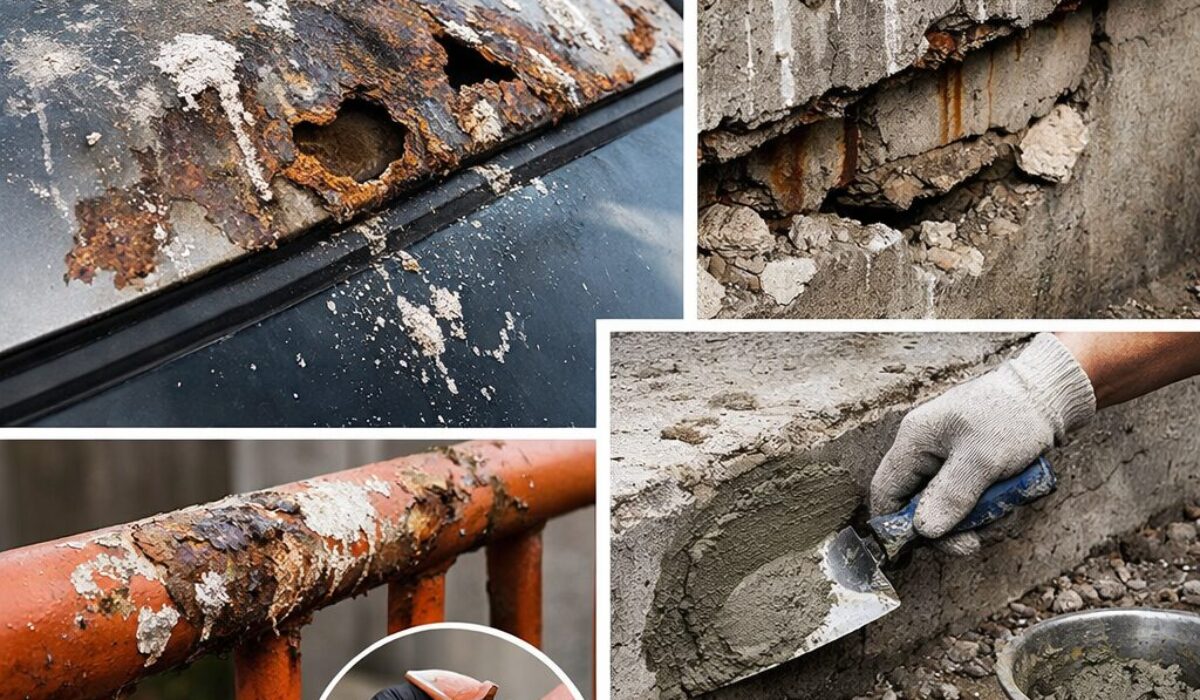 Dégâts causés par les fientes d’oiseaux sur métal peint, béton et garde-corps rouillé avec exemples de réparation