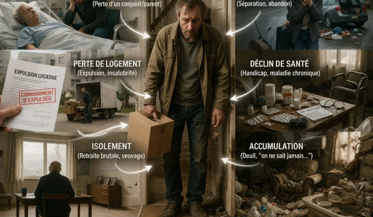 Quels événements de vie récents augmentent concrètement le risque de bascule vers un syndrome de Diogène chez un adulte jusque-là autonome ?