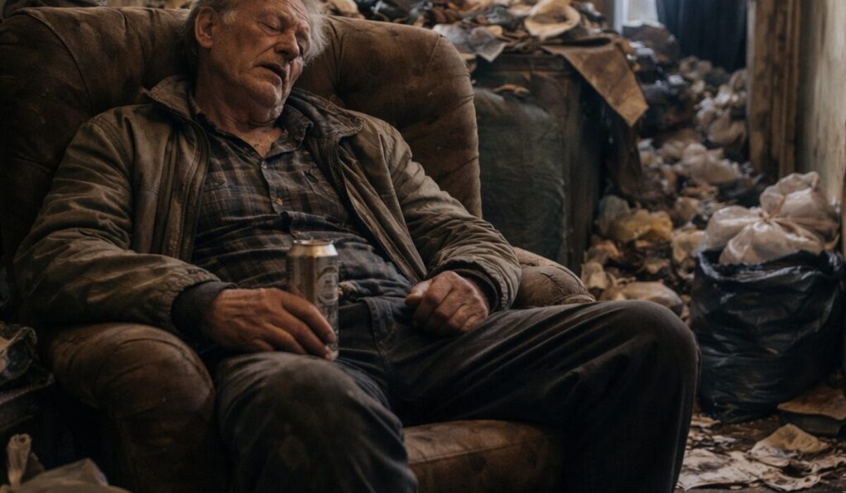 Patient atteint du syndrome de Diogène dormant dans un fauteuil au milieu d’un logement très encombré