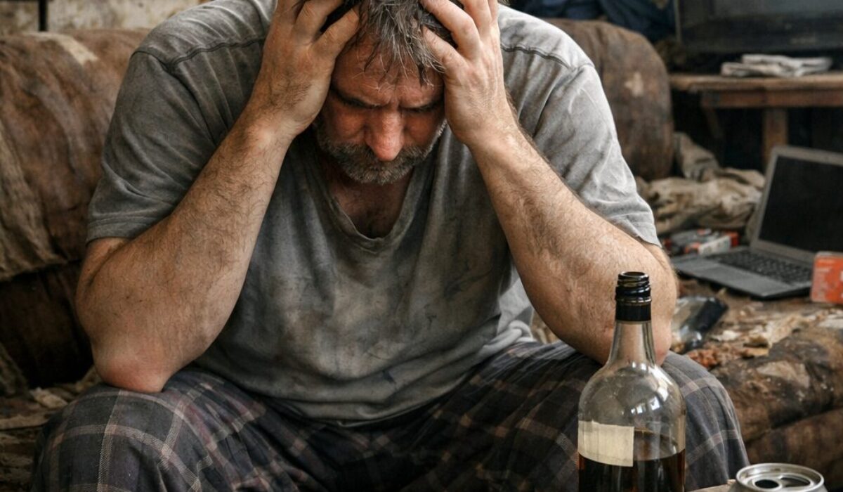 Personne assise dans un logement très dégradé, illustrant les symptômes associés à l’incurie du logement pouvant évoquer un trouble de l’humeur, une addiction ou une pathologie neurologique.