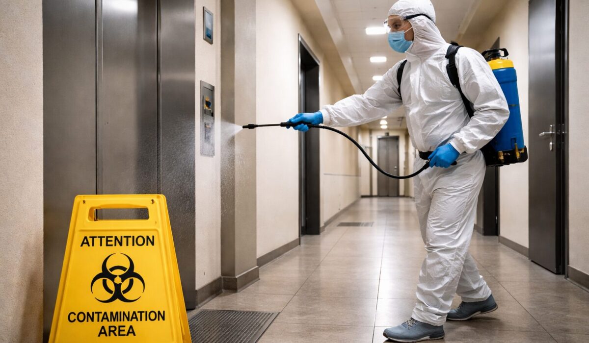 Agent de désinfection dans un couloir nettoyant les boutons d’ascenseur pour limiter la contamination vers les parties communes