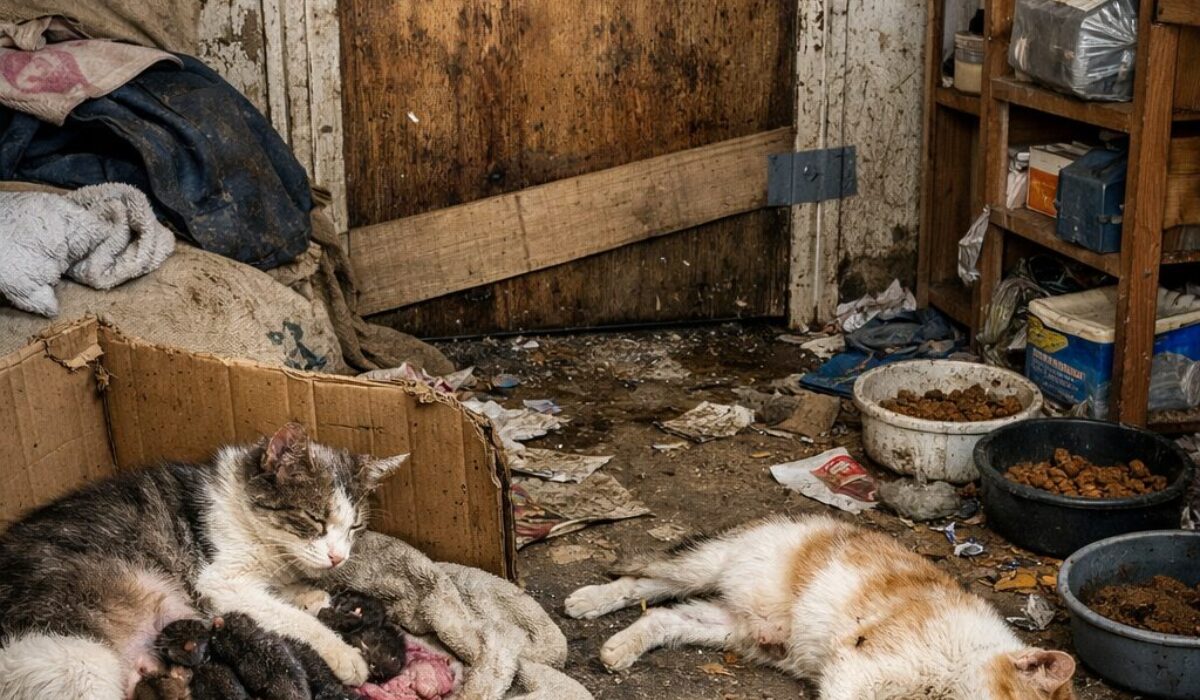 Scène illustrant un logement insalubre associé au syndrome de Noé, avec animaux négligés, mises bas répétées et zone fermée du domicile.