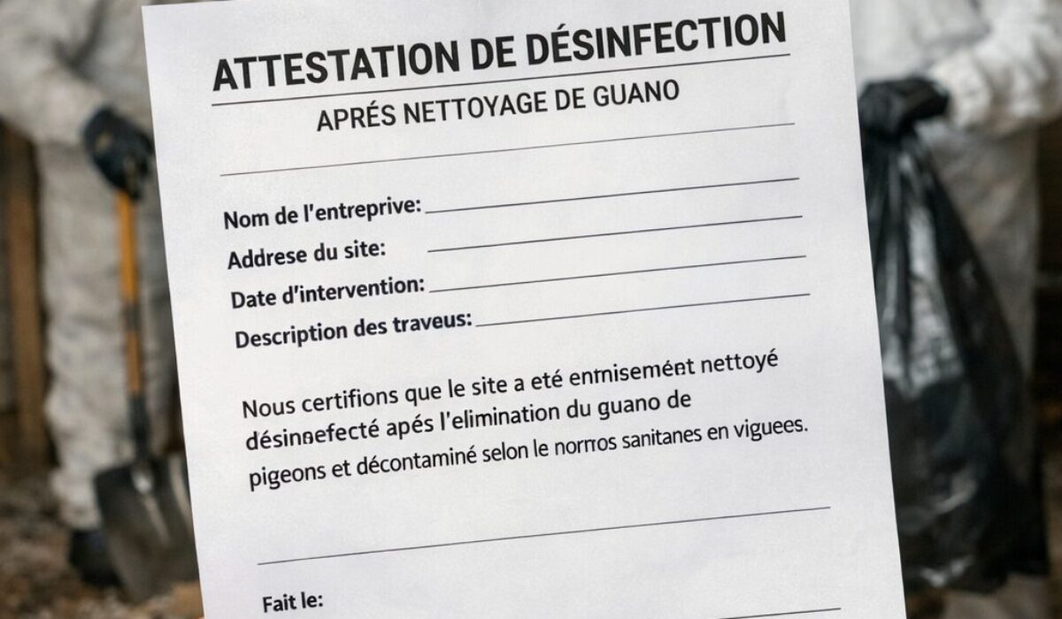 Attestation de désinfection après nettoyage de guano dans des combles avec techniciens en tenue de protection