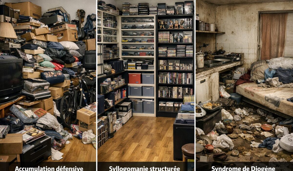 Illustration ultra réaliste comparant une accumulation défensive d’objets, une syllogomanie structurée et un syndrome de Diogène avec abandon de l’hygiène